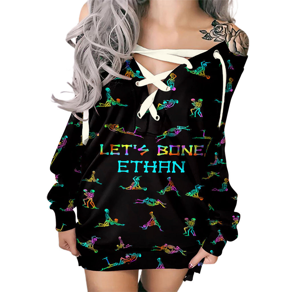 Let's Bone - Personalized Skull Off Shoulder Long Sleeve Dress
