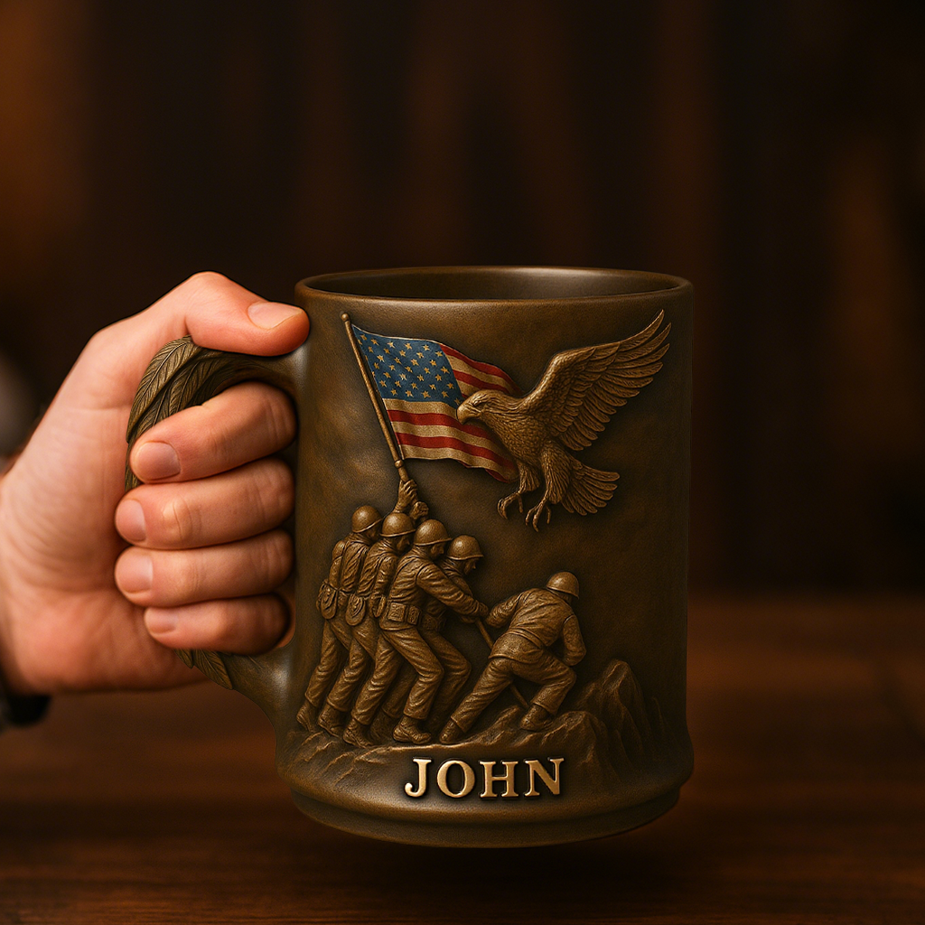 Personalized Military Commemorative Mug – Soldiers Raising US Flag with Bald Eagle Handle, Custom Engraved Name