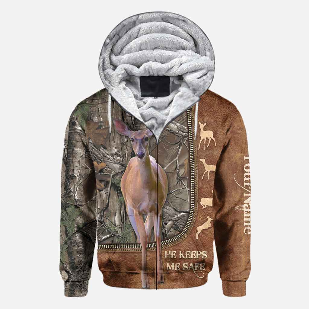 He Keeps Me Safe - Personalized Couple Hunting All Over T-shirt and Hoodie With Leather Pattern Print