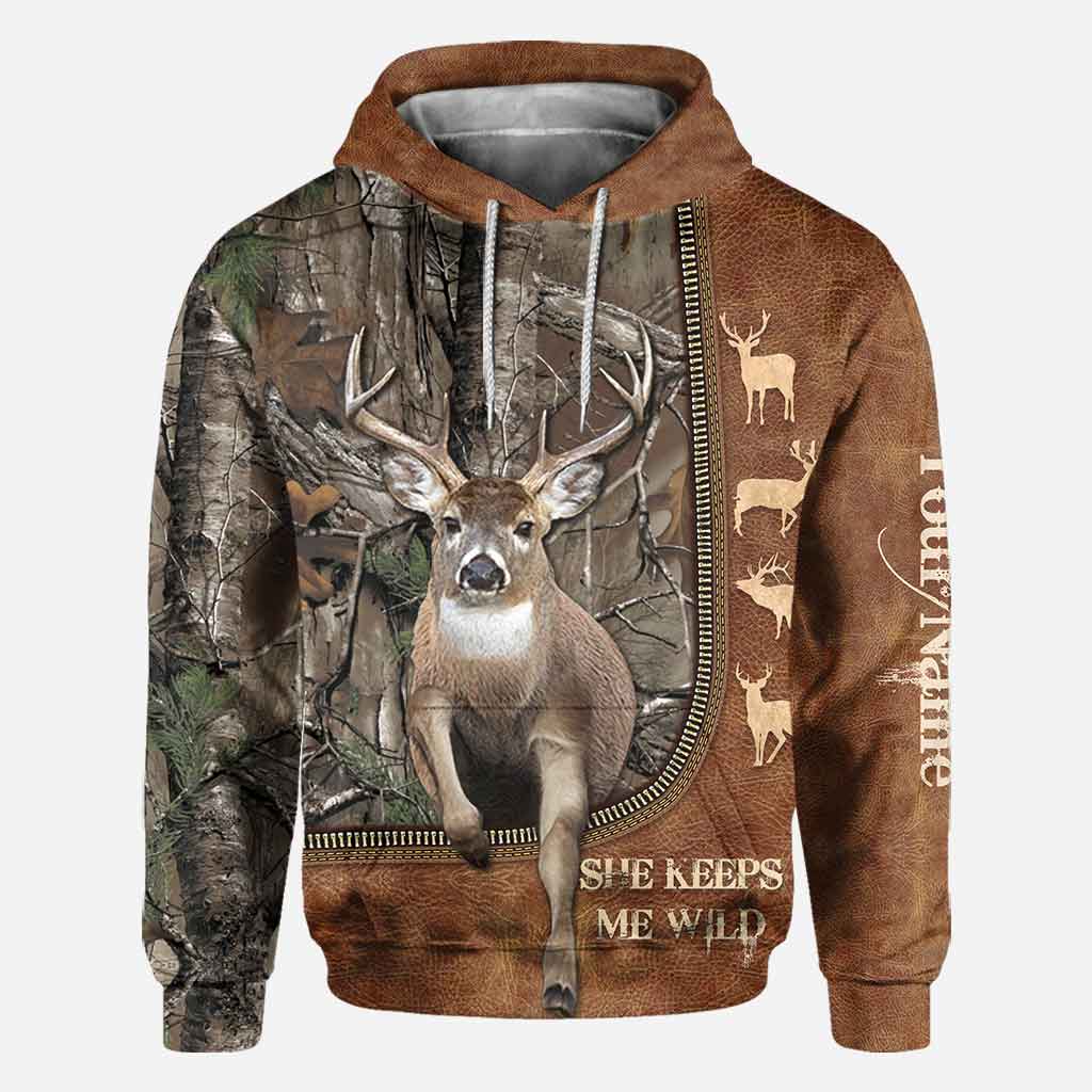 He Keeps Me Safe - Personalized Couple Hunting All Over T-shirt and Hoodie With Leather Pattern Print