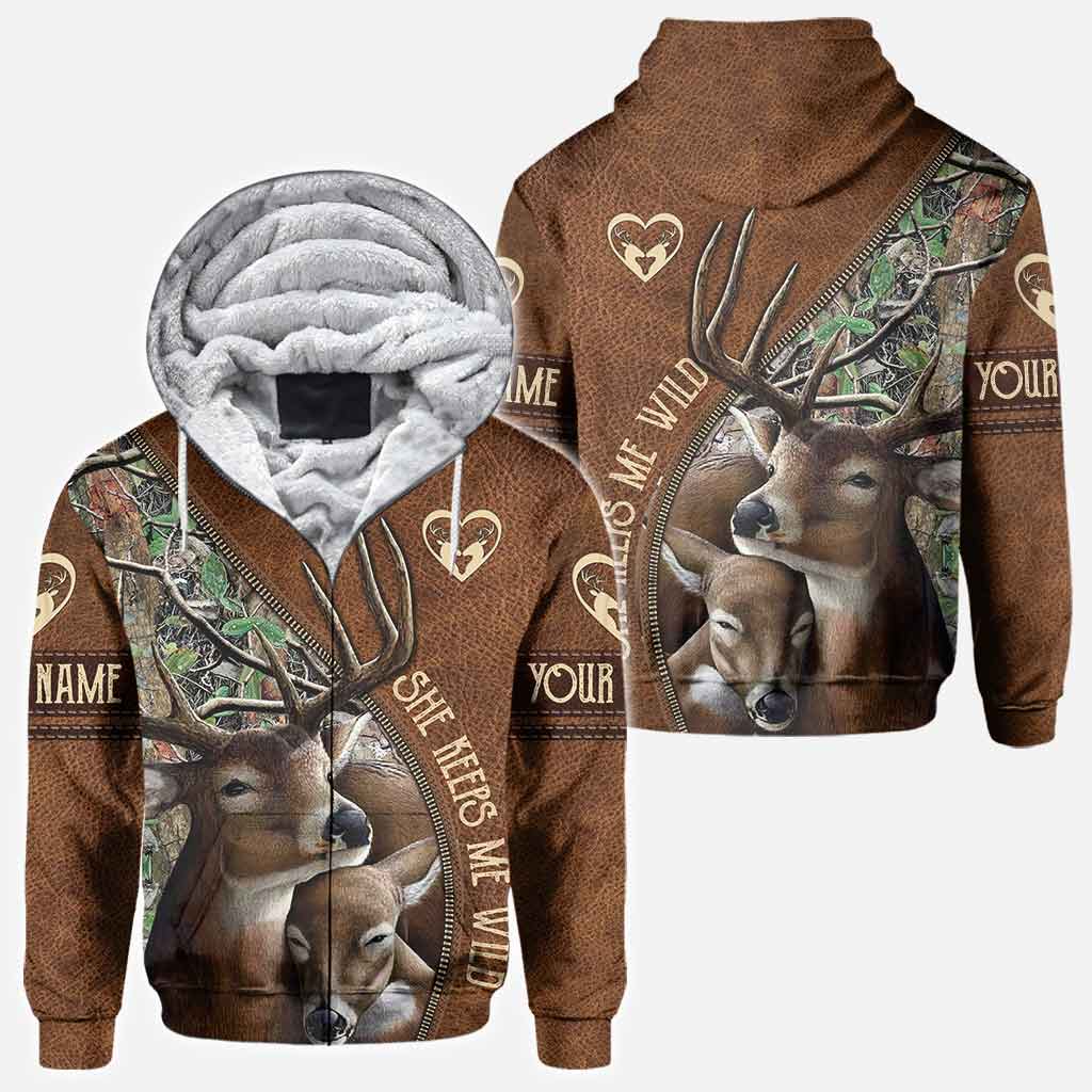 She Keeps Me Wild He Keeps Me Safe - Personalized Couple Hunting All Over T-shirt and Hoodie