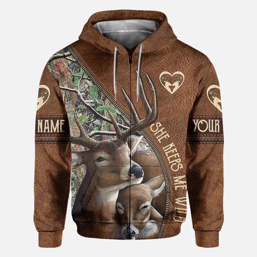 She Keeps Me Wild He Keeps Me Safe - Personalized Couple Hunting All Over T-shirt and Hoodie