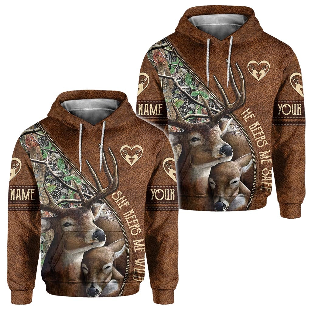 She Keeps Me Wild He Keeps Me Safe - Personalized Couple Hunting All Over T-shirt and Hoodie