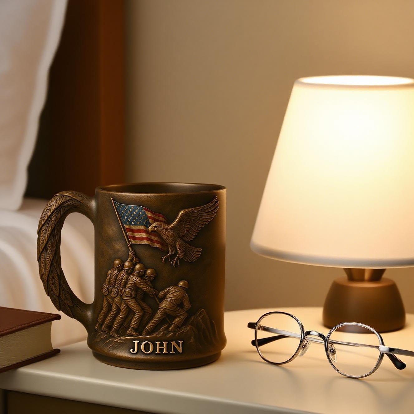 Personalized Military Commemorative Mug – Soldiers Raising US Flag with Bald Eagle Handle, Custom Engraved Name