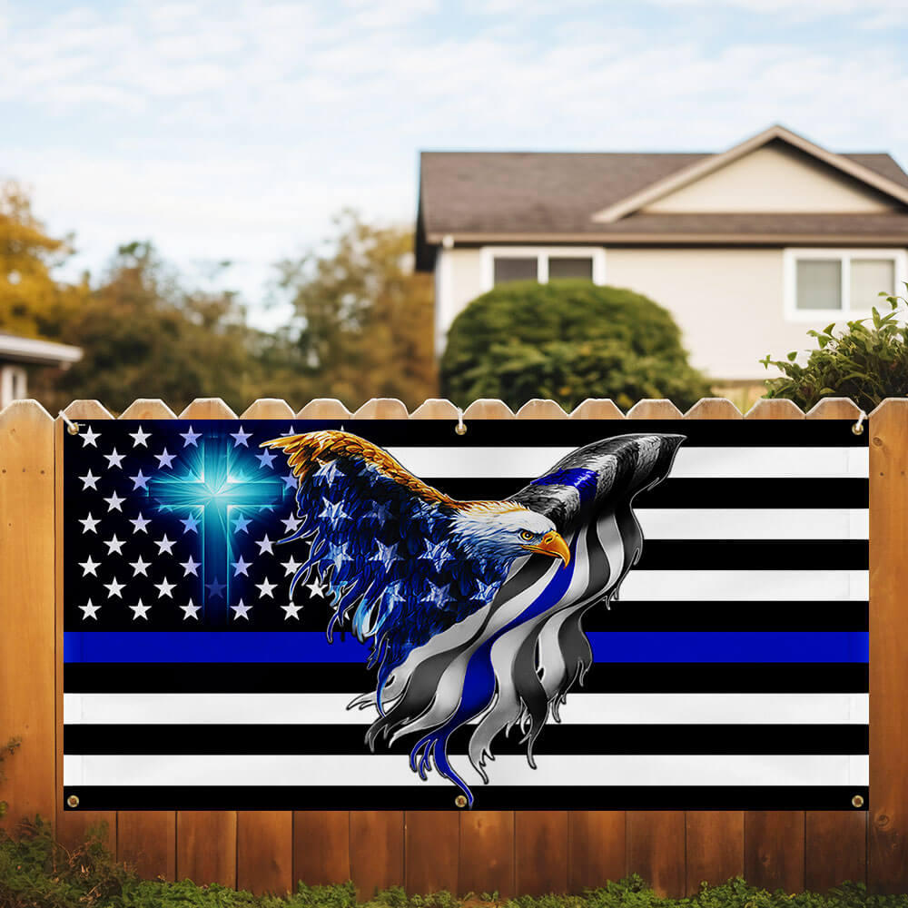 The Thin Blue Line. Police. Law Enforcement American Eagle Fence Banner TPT1631FB