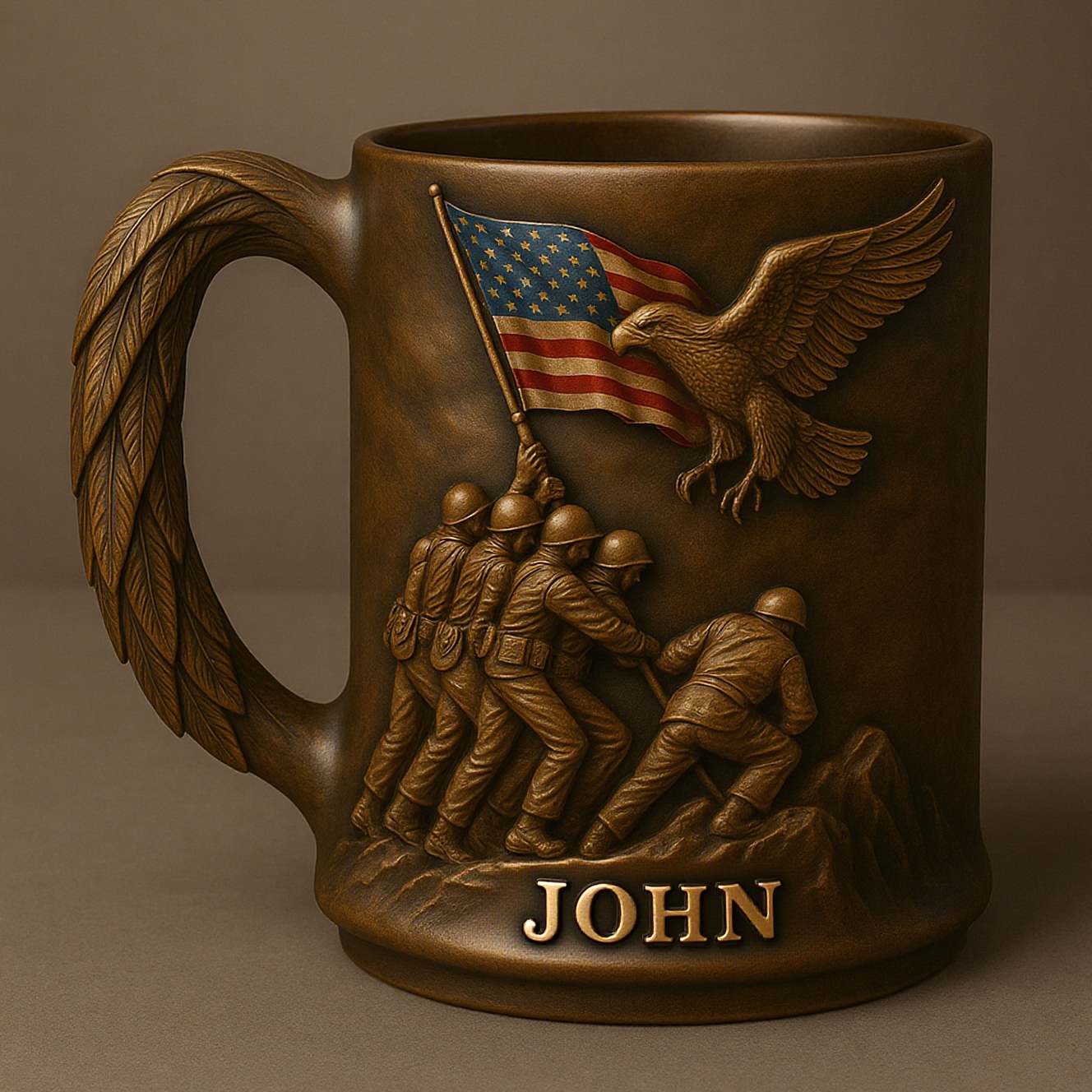 Personalized Military Commemorative Mug – Soldiers Raising US Flag with Bald Eagle Handle, Custom Engraved Name