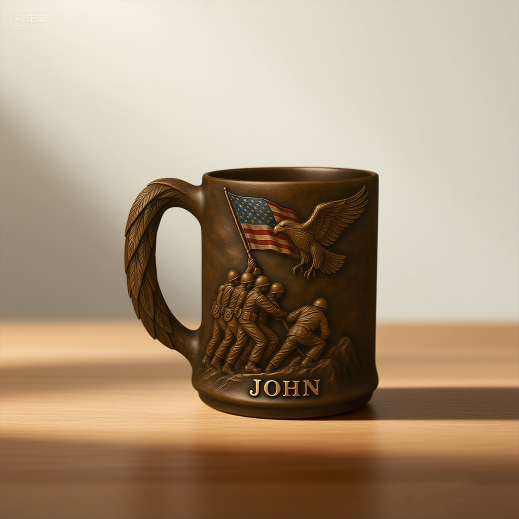 Personalized Military Commemorative Mug – Soldiers Raising US Flag with Bald Eagle Handle, Custom Engraved Name