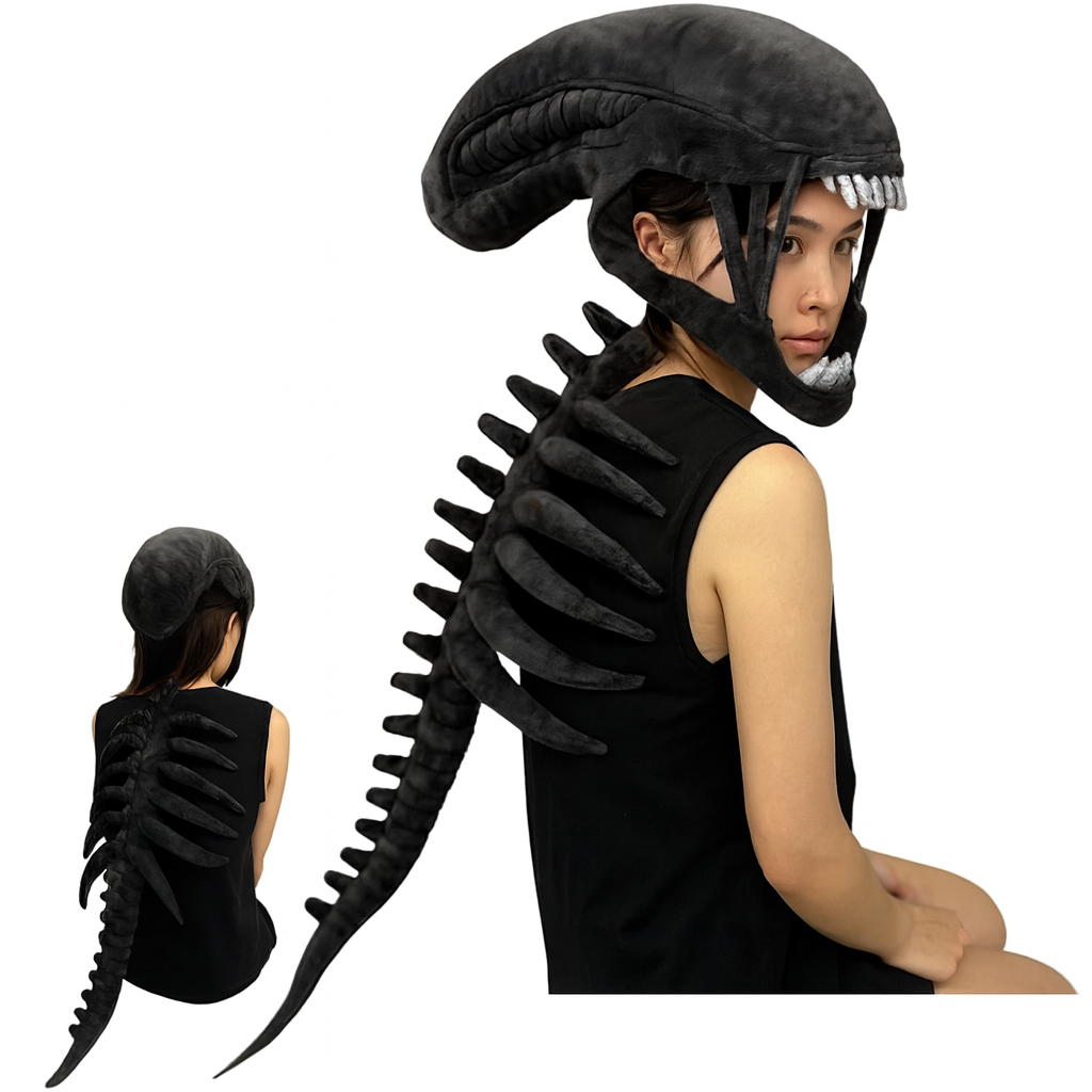 🎃 Halloween Must-Have! Sci-Fi Alien Creature Plush Headpiece with Attached Spine