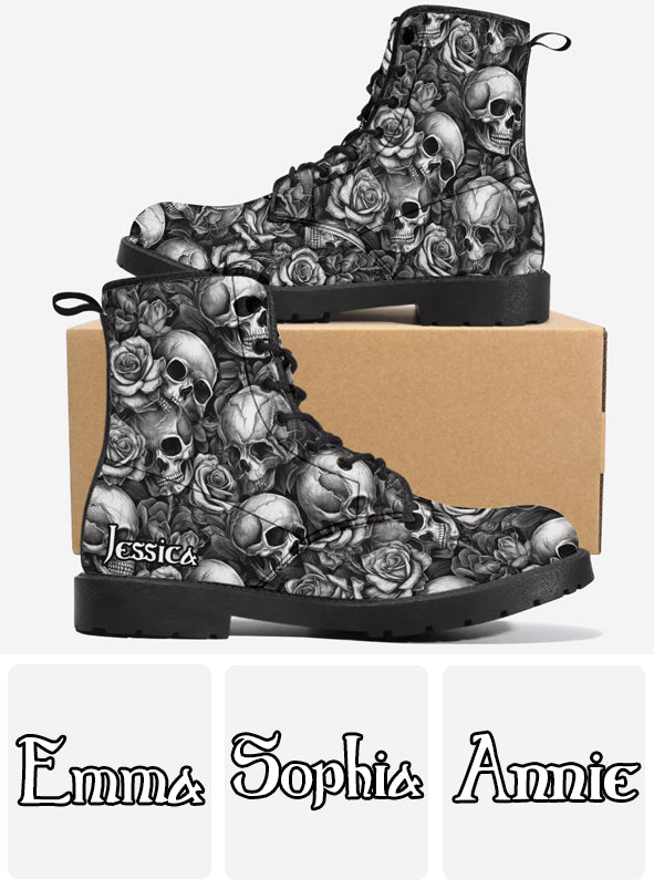 Skull Roses Black And White - Personalized Skull Leather Boots