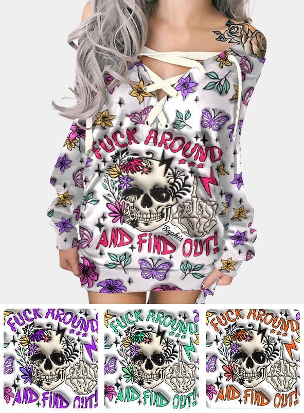 Fuck Around And Find Out - Personalized Skull Off Shoulder Long Sleeve Dress