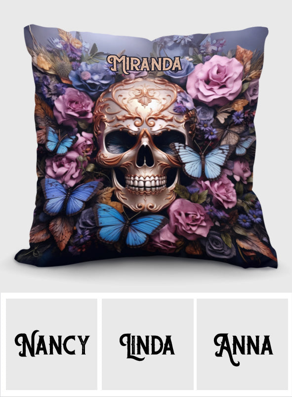 Beauty Of The Dark Skull Roses Butterflies - Personalized Skull Throw Pillow