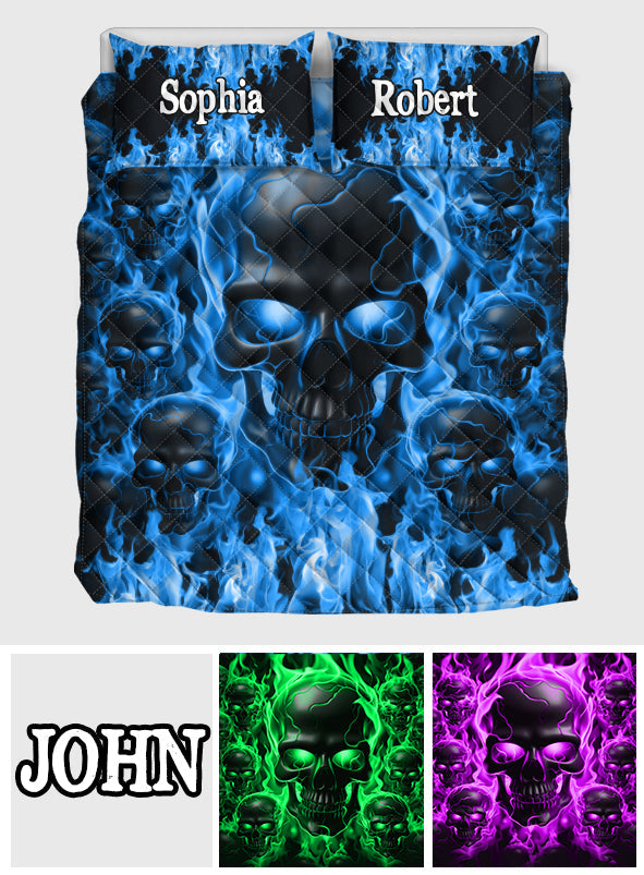 Melted Skull On Fire - Personalized Skull Quilt Set