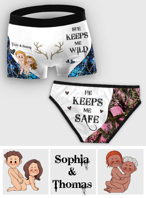 She Keeps Me Wild - Personalized Hunting Lace Border Women Briefs And Men’s Boxer Briefs