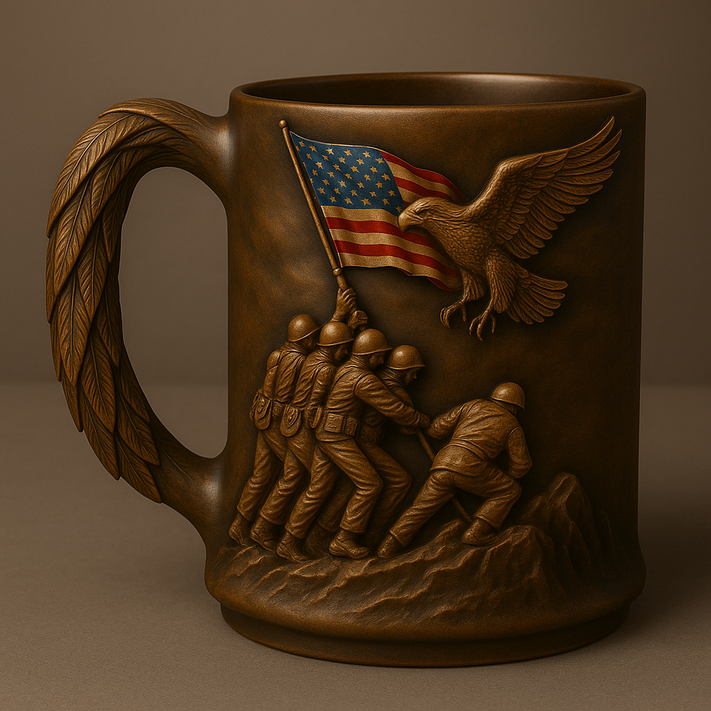 Personalized Military Commemorative Mug – Soldiers Raising US Flag with Bald Eagle Handle, Custom Engraved Name
