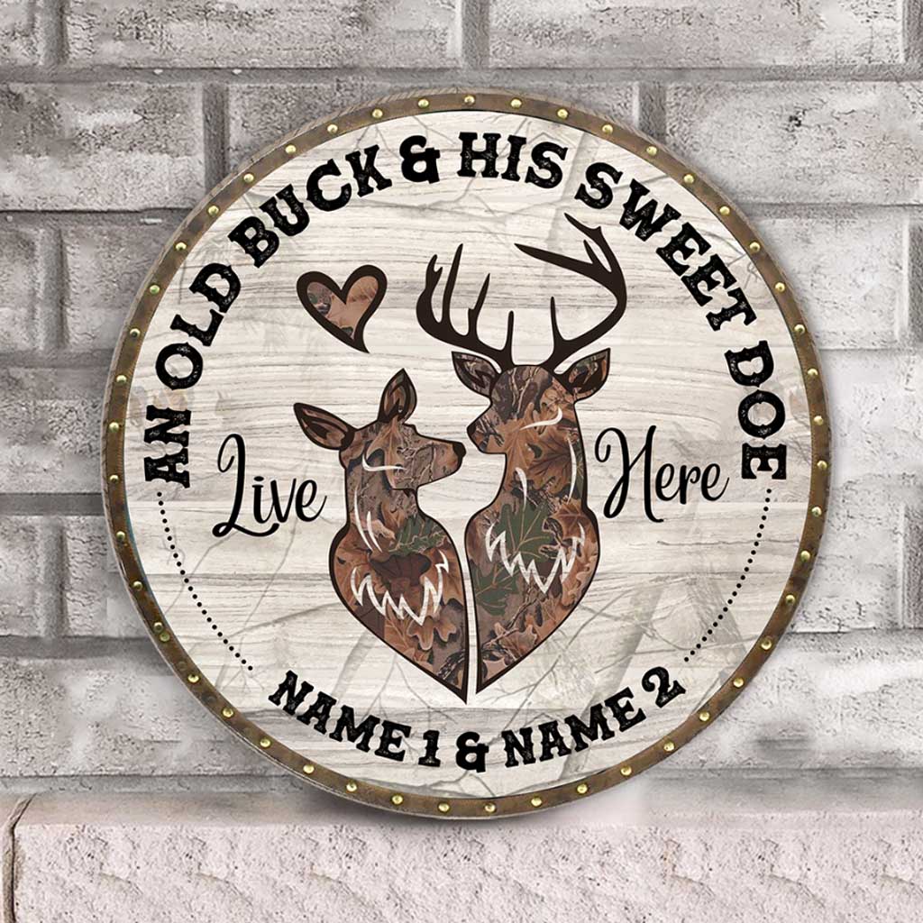 An Old Buck And His Sweet Doe Customized Round Wood Sign