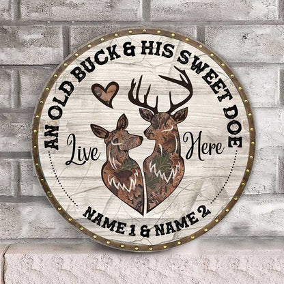 An Old Buck And His Sweet Doe Customized Round Wood Sign