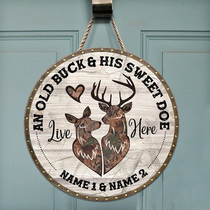 An Old Buck And His Sweet Doe Customized Round Wood Sign