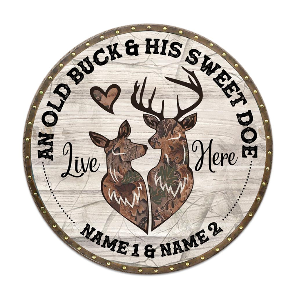 An Old Buck And His Sweet Doe Customized Round Wood Sign