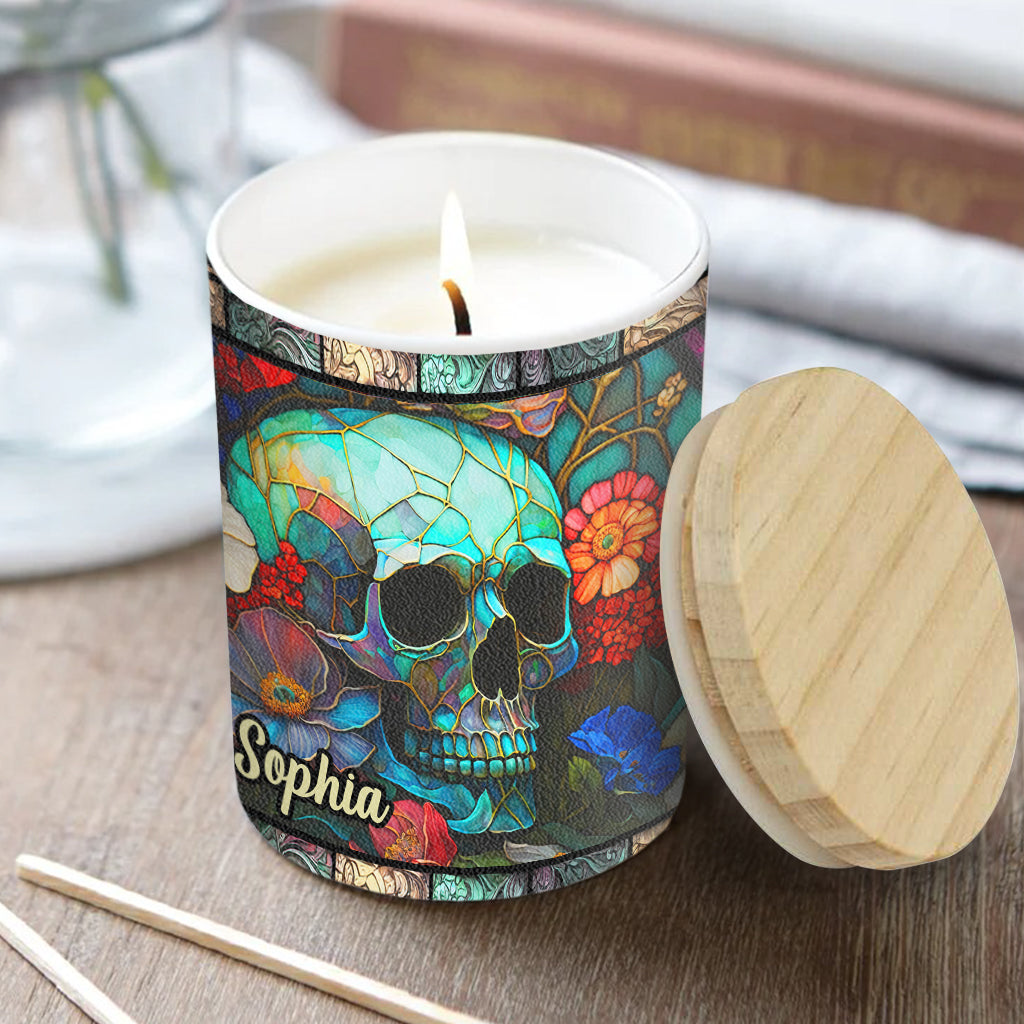 Floral Skull - Personalized Skull Candle With Wooden Lid