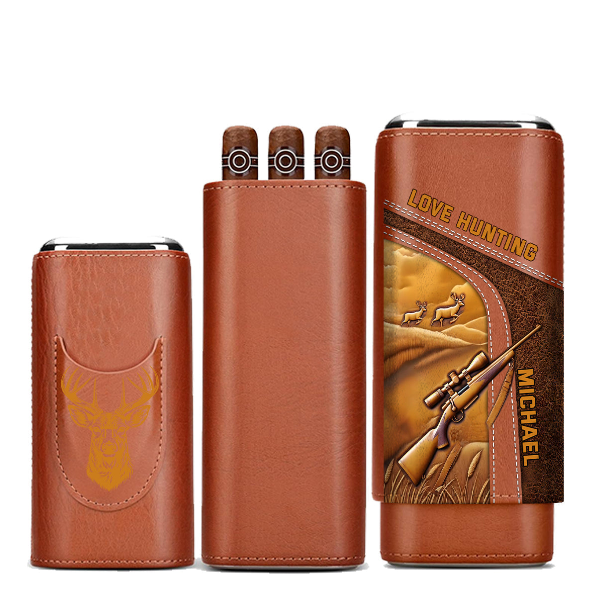 Love Hunting Gift For Dad Grandpa Husband - Personalized Hunting Leather Cigar Humidor Case