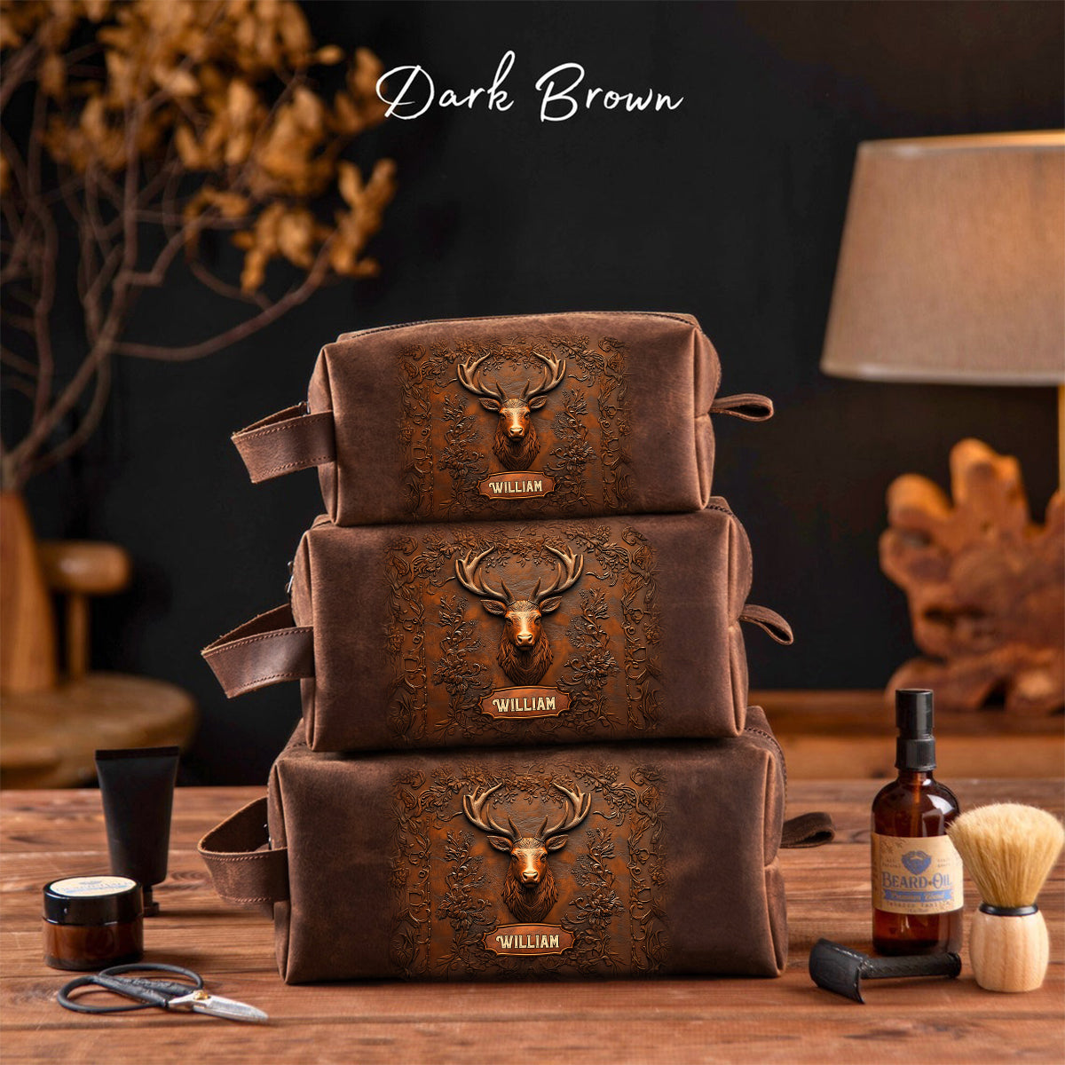 Hunting Gift for Husband, Grandpa, Dad - Personalized Hunting Leather Toiletry Bag