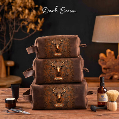 Hunting Gift for Husband, Grandpa, Dad - Personalized Hunting Leather Toiletry Bag