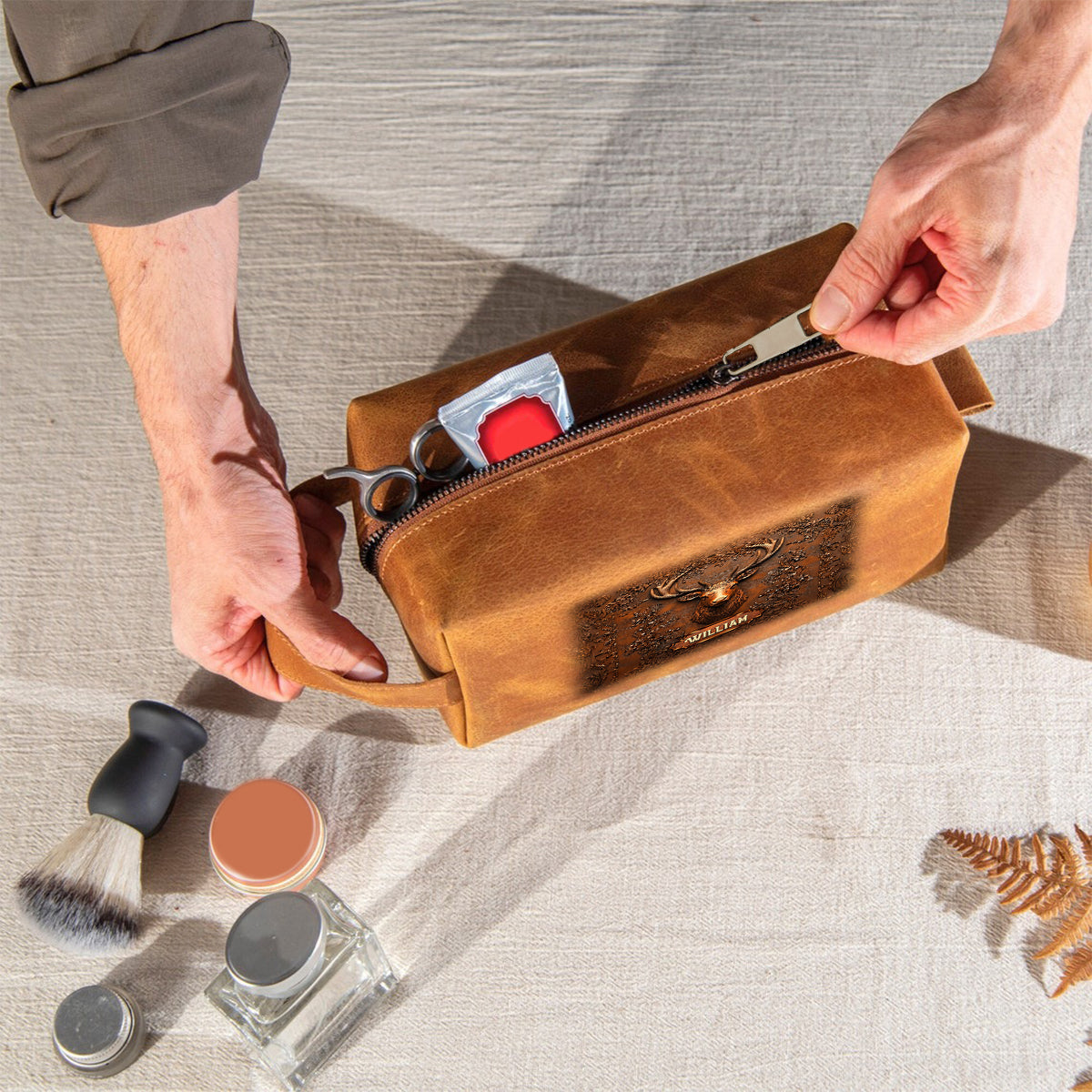 Hunting Gift for Husband, Grandpa, Dad - Personalized Hunting Leather Toiletry Bag