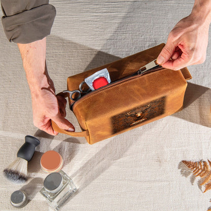 Hunting Gift for Husband, Grandpa, Dad - Personalized Hunting Leather Toiletry Bag