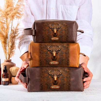 Hunting Gift for Husband, Grandpa, Dad - Personalized Hunting Leather Toiletry Bag