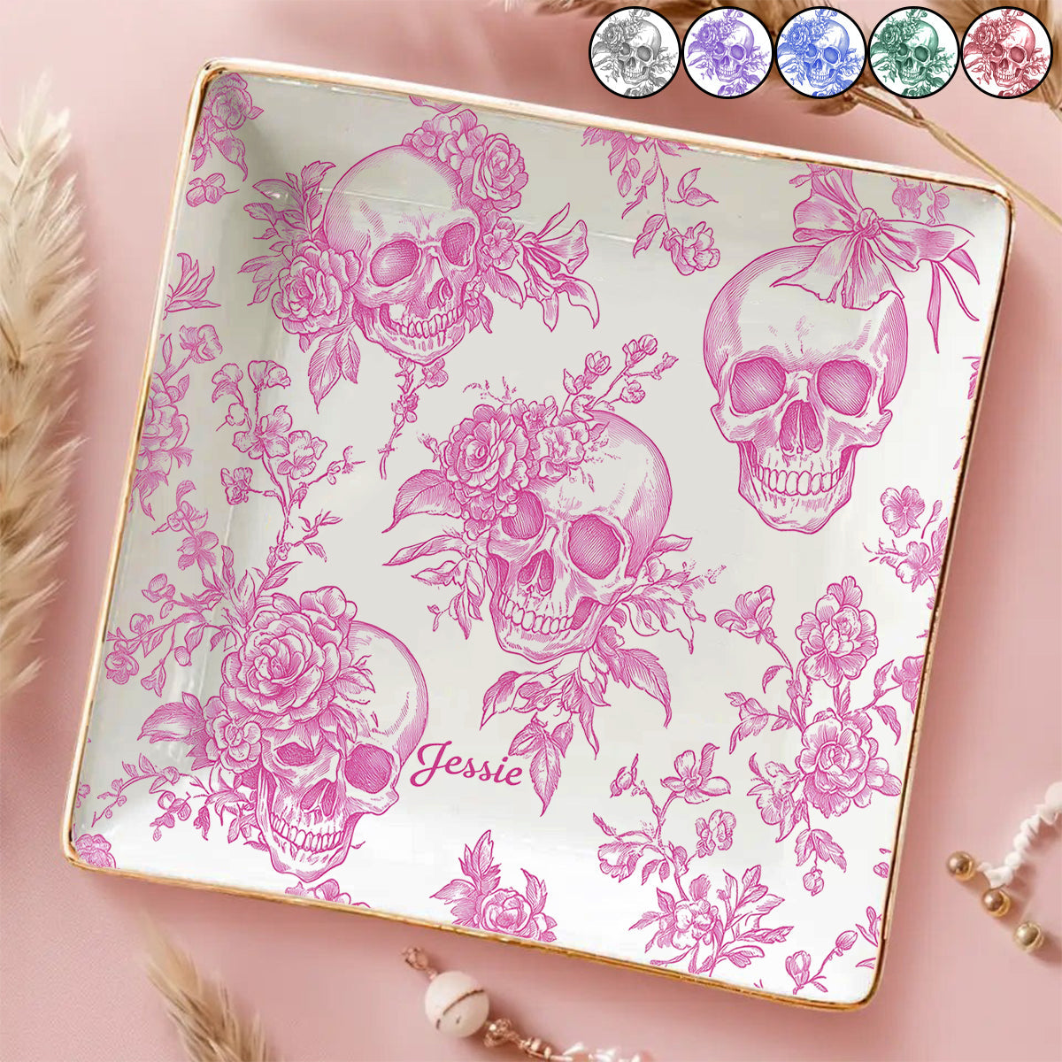 Pink Toile Skull - Personalized Skull Fully Printed Jewelry Dish