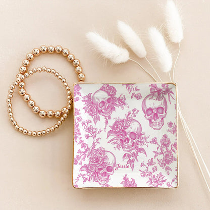 Pink Toile Skull - Personalized Skull Fully Printed Jewelry Dish