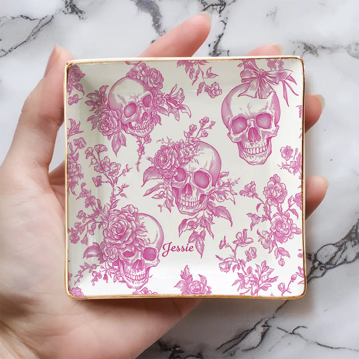 Pink Toile Skull - Personalized Skull Fully Printed Jewelry Dish