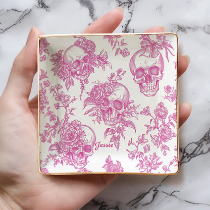 Pink Toile Skull - Personalized Skull Fully Printed Jewelry Dish