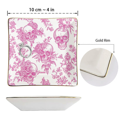 Pink Toile Skull - Personalized Skull Fully Printed Jewelry Dish
