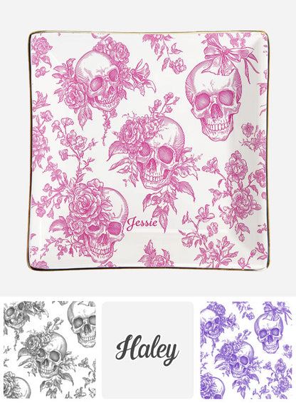Pink Toile Skull - Personalized Skull Fully Printed Jewelry Dish