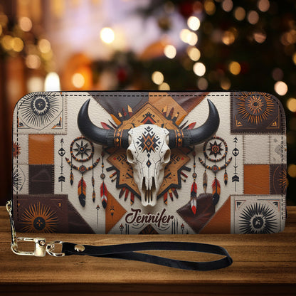Native Bull Skull - Personalized Hunting Leather Long Wallet