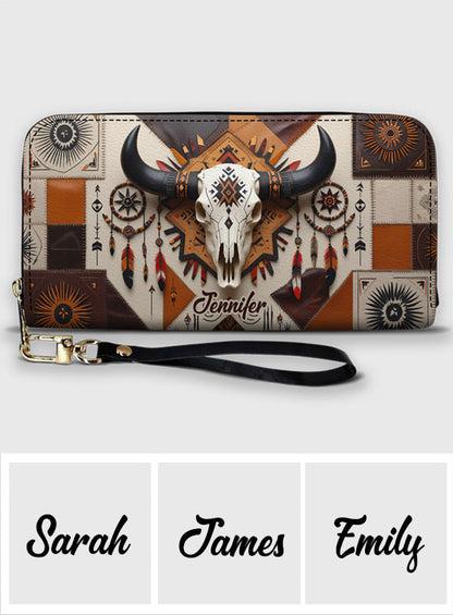 Native Bull Skull - Personalized Hunting Leather Long Wallet