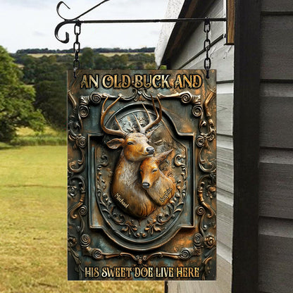 An Old Buck And His Sweet Doe Live Here - Personalized Hunting Rectangle Metal Sign