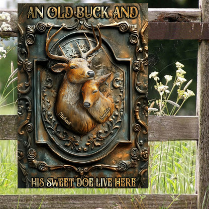 An Old Buck And His Sweet Doe Live Here - Personalized Hunting Rectangle Metal Sign