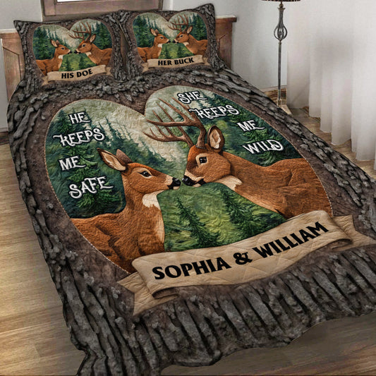 An Old Buck & His Sweet Doe - Personalized Hunting Quilt Set