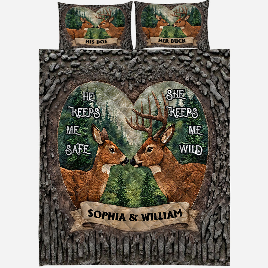 An Old Buck & His Sweet Doe - Personalized Hunting Quilt Set