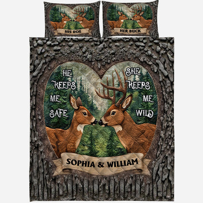 An Old Buck & His Sweet Doe - Personalized Hunting Quilt Set