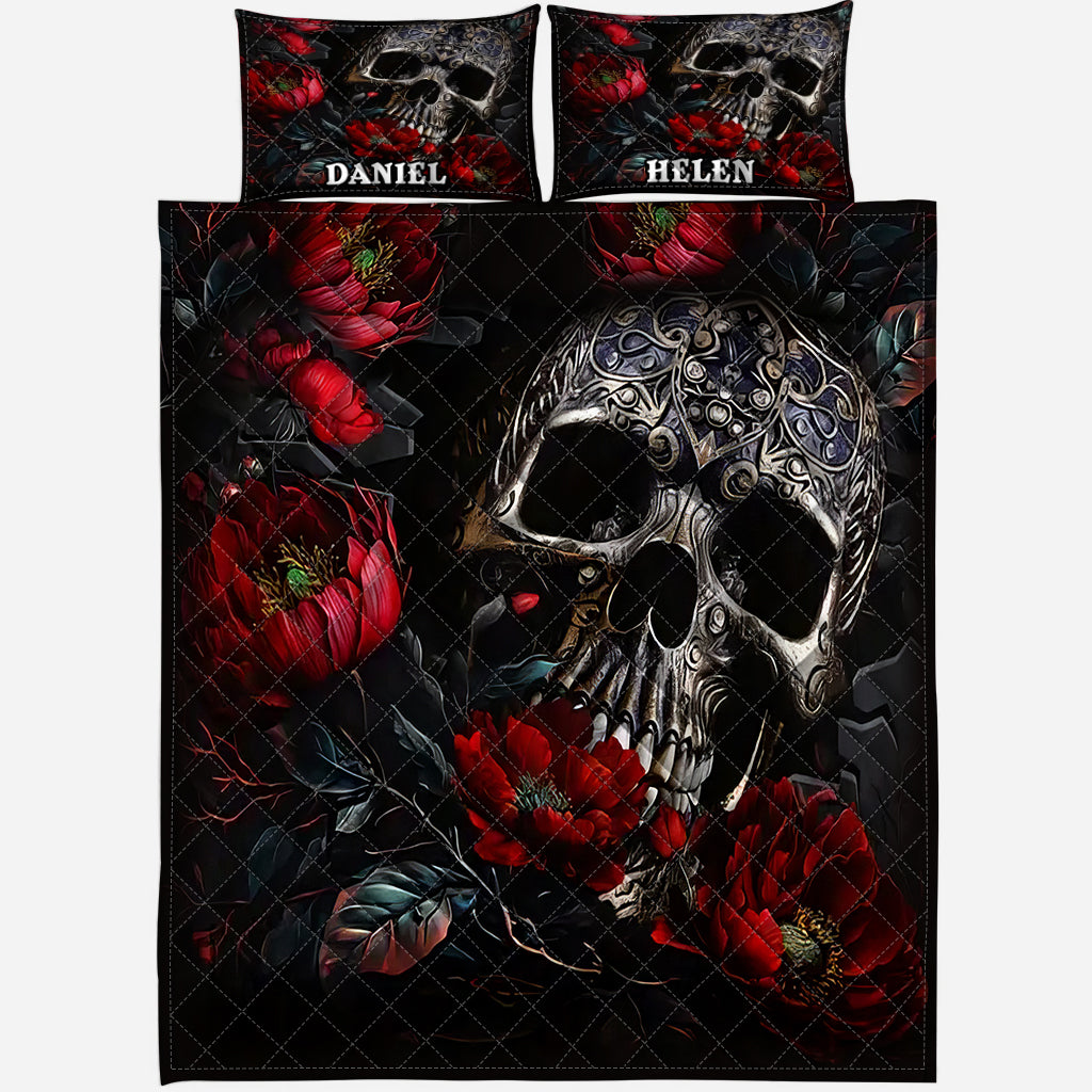 Skull And Roses - Personalized Skull Quilt Set