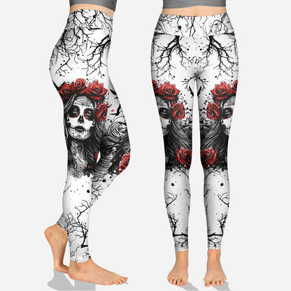 Skull And Red Roses - Personalized Skull Hoodie and Leggings