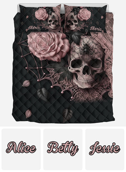 Roses And Skull - Personalized Skull Quilt Set