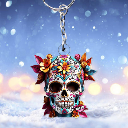Floral Sugar Skull - Personalized Skull Custom Shaped Keychain