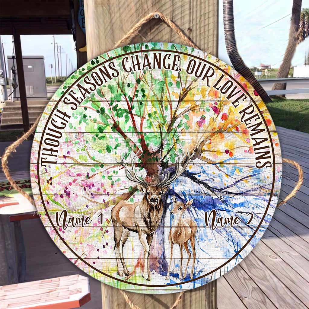 Though Seasons Change - Personalized Couple Hunting Round Wood Sign