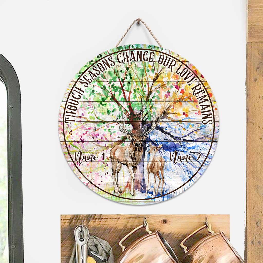 Though Seasons Change - Personalized Couple Hunting Round Wood Sign