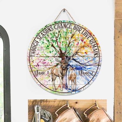 Though Seasons Change - Personalized Couple Hunting Round Wood Sign