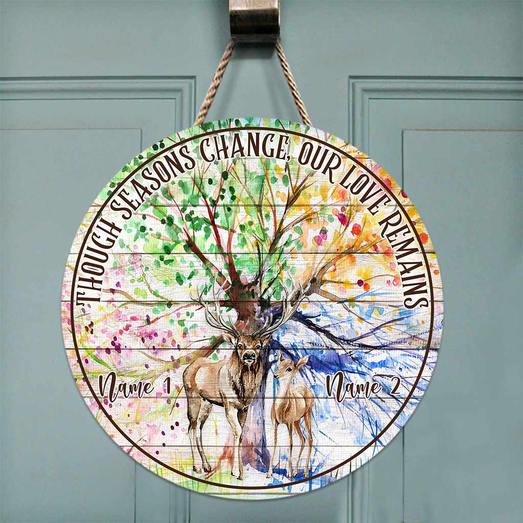 Though Seasons Change - Personalized Couple Hunting Round Wood Sign